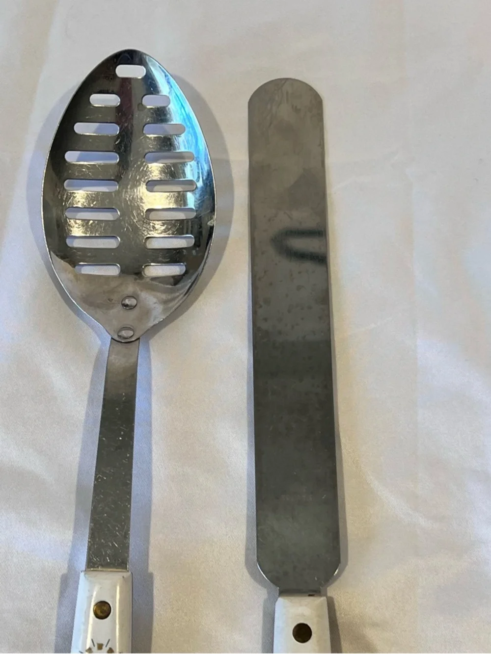 Vintage Stainless Steel Serving Spoon & Spreader Set White Handles USA Mid Centu